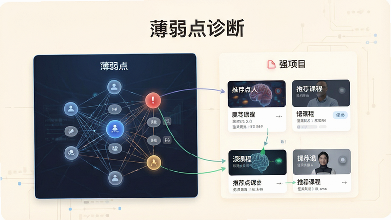 展示知识图谱界面,节点连接薄弱点与强项,推荐课程卡片,背景为柔和的米白色,文字显示