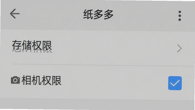 手机设置界面截图,显示“纸多多”APP的权限管理页面。列表中“存储权限”和“相机权限”被勾选,背景为浅灰色,文字清晰,体现系统级的权限设置场景,画质干净。