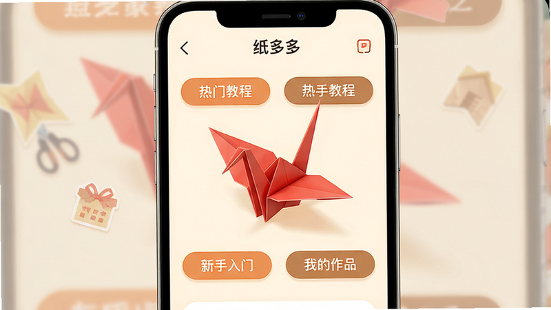 一张手机屏幕截图,显示名为“纸多多”的APP首页界面。背景为柔和的米白色,中央有一个正在折叠中的红色千纸鹤3D模型,周围环绕着几个圆角矩形按钮,分别标注“热门教程”、“新手入门”和“我的作品”。界面风格扁平化,色彩温馨,画质高清,无多余元素。