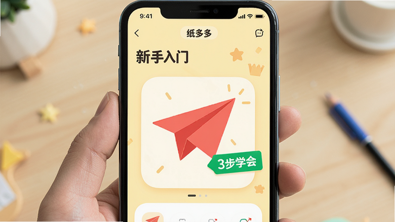 手机界面展示“纸多多”APP的“新手入门”分类页面。屏幕中央突出显示一个简单的红色纸飞机教程封面,旁边有“3步学会”的绿色标签。界面背景为淡黄色,营造轻松愉快的学习氛围,画质清晰,无多余装饰。