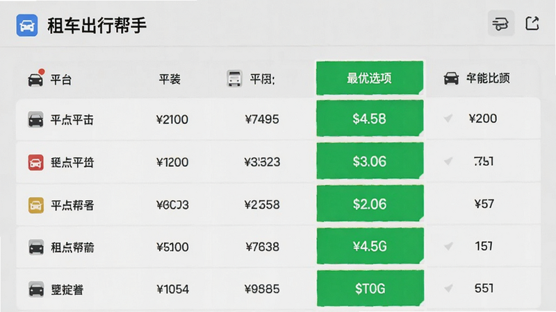 “租车出行帮手”智能比价界面截图,显示不同平台价格对比表格,绿色高亮最优选项,简洁UI,文字清晰