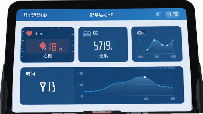 舒华运动HD 主界面展示,蓝色调UI,显示跑步机实时数据仪表盘,包含心率、速度、时间曲线,布局简洁现代,扁平设计风格,清晰图标,无多余装饰,高清晰度