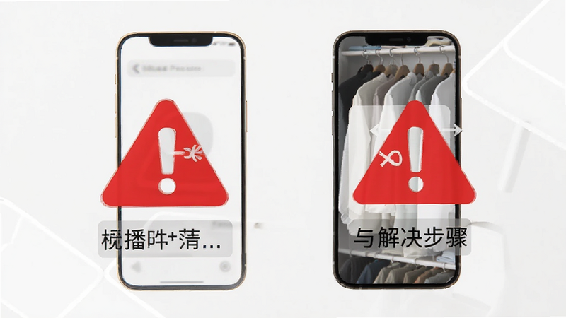 物品收纳整理 troubleshooting,手机屏幕显示错误提示框与解决步骤图标,红色警告标志,简洁设计