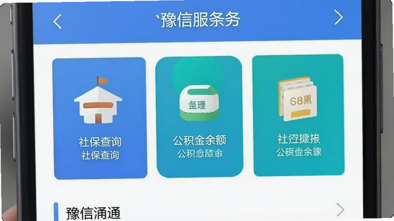 豫信通App内政务服务页面,显示社保查询、公积金余额等模块,图标清晰,界面简洁