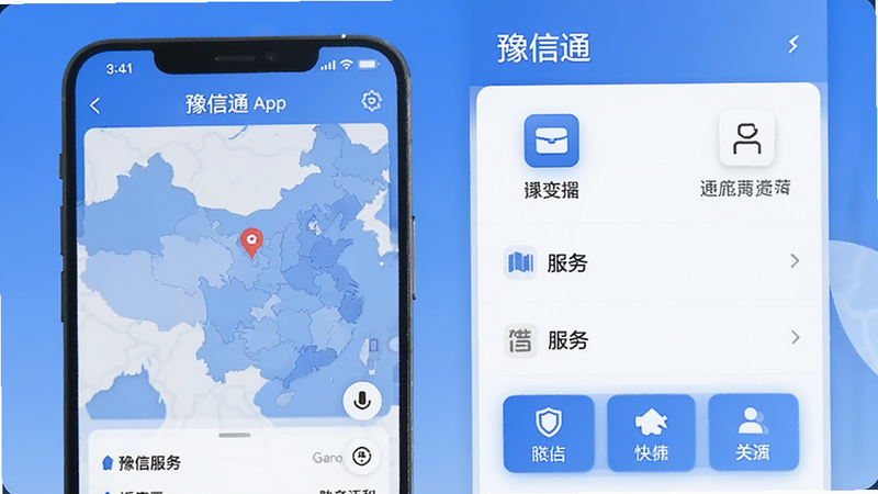 豫信通App界面展示,包含地图、服务列表和快捷入口图标,简洁现代风格,蓝色调为主,清晰布局,无多余元素