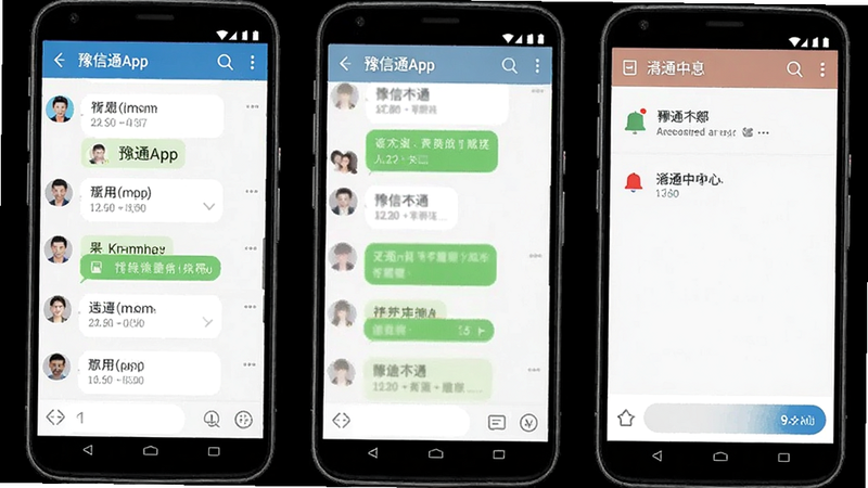 豫信通App聊天界面,显示消息列表和通知中心,风格简洁,符合安卓界面规范