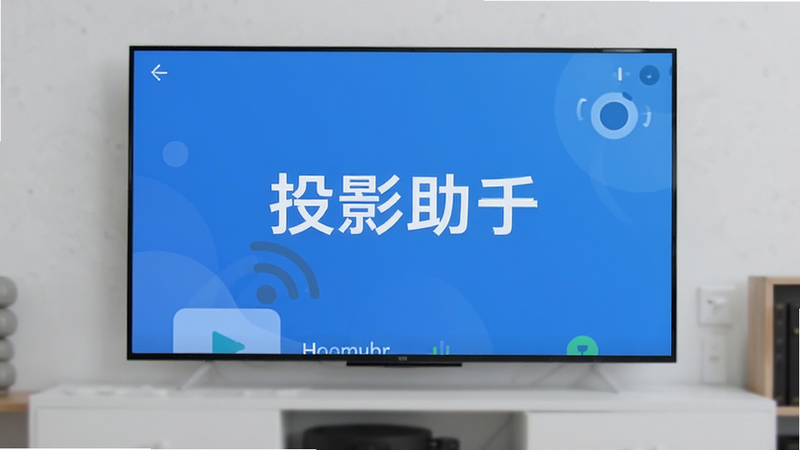 投影助手APP界面截图,展示手机屏幕投射到大屏电视的画面,简洁UI,蓝色调,清晰文字