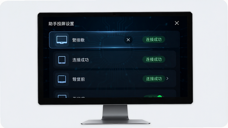 投影助手投屏设置界面,显示设备列表与连接状态,图标清晰,文字