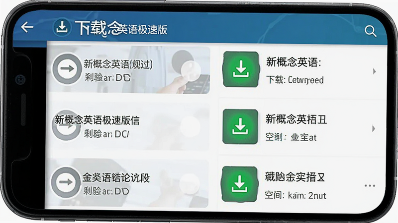 主体为手机界面截图,展示“新概念英语极速版”的下载管理页面,布局为列表形式显示已缓存的单元,排版紧凑,风格科技感强,细节包含绿色的下载完成图标和剩余空间提示,画质清晰,干净,无多余元素