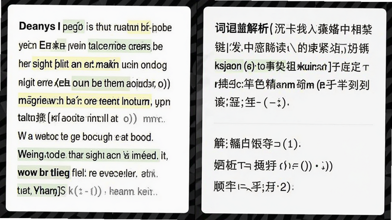 主体为分屏界面,左侧显示英文原文,右侧显示中文翻译和词汇解析,布局左右对照,排版清晰易读,风格教育类简洁风,细节包含高亮的重点词汇和发音图标,画质高,干净,无多余元素