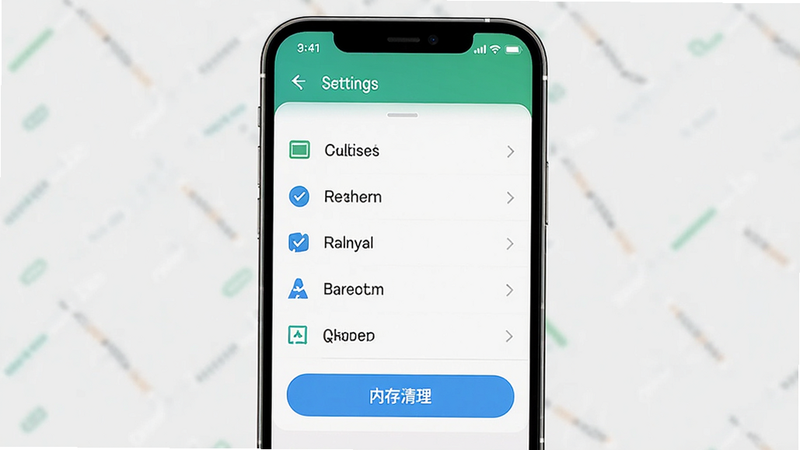 手机导航运行优化界面,显示内存清理按钮,风格极简,主体为设置菜单,布局垂直列表,排版清晰,细节包括清理图标,画质高清干净无多余元素