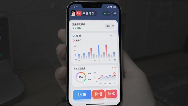 主体为手机屏幕界面,显示牛主播App的主控台,布局清晰,顶部显示直播状态,中间为实时互动数据图表,底部为快捷操作按钮,排版整齐,风格现代科技风,细节包括高清图标与柔和阴影,画质清晰,干净,无多余元素
