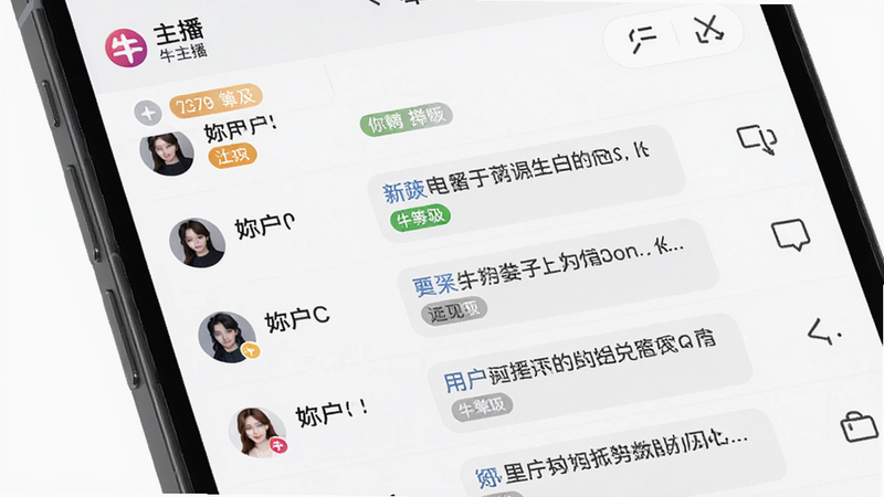 主体为手机屏幕界面,显示牛主播的弹幕管理面板,布局为列表形式,左侧为用户昵称,右侧为弹幕内容,排版整齐,风格简约商务风,细节包括不同颜色标识的用户等级标签与筛选按钮,画质清晰,干净,无多余元素