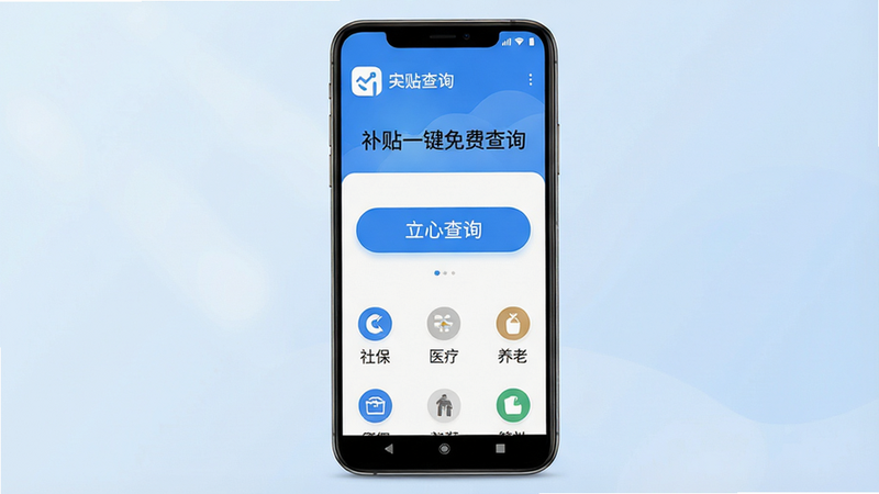 主体为“补贴一键免费查询”安卓手机应用界面全景展示,布局采用清爽的蓝白配色,顶部显示应用名称Logo,中部为核心查询入口大按钮,下方排列着社保、医疗、养老等补贴分类图标,背景为柔和的浅蓝色渐变,风格简约现代,细节清晰,画质高清,无多余元素