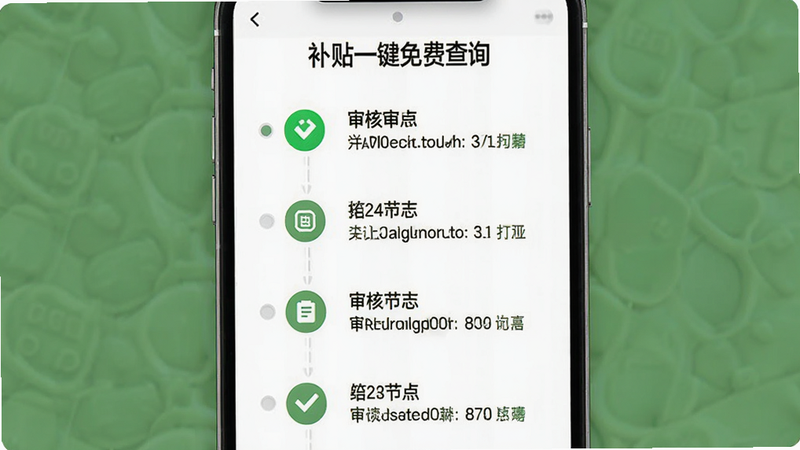“补贴一键免费查询”APP的进度追踪页面,采用时间轴设计,垂直排列各个审核节点,每个节点配有状态图标和文字说明,背景为白色,风格扁平化,细节精致,画质高,无多余元素