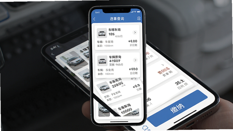 ����Ϊ�ֻ�APP���棬��ʾΥ�¼�¼�б��ͽ��ɰ�ť���������룬����������Ϣ��Ƭ����������࣬ϸ��չʾ����������ڣ����ʸ��壬�ɾ����޶���Ԫ�أ�������ʾ