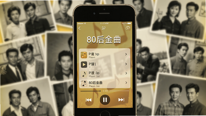 一张复古风格的智能手机界面图,屏幕中央显示着“80后金曲”APP的主界面,背景是模糊的黑白老照片拼贴,色调为暖黄色,体现怀旧氛围,UI元素简洁,包含播放列表和播放控制按钮,高清,干净,无多余元素