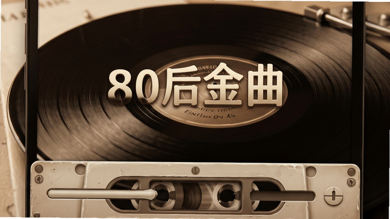 “80后金曲”APP的播放界面特写,背景是仿真的黑胶唱片正在旋转,屏幕下方有模拟磁带进度条,色调为棕褐色与米白色搭配,复古质感强烈,细节丰富,高清,干净