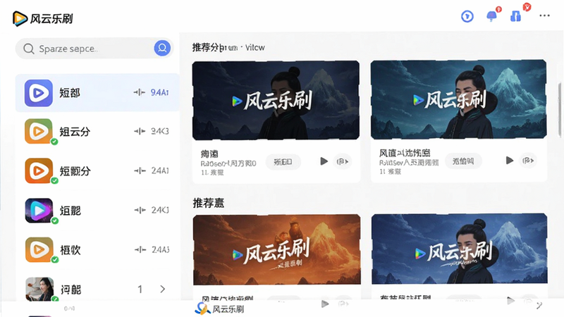 风云乐刷软件界面展示,包含短剧分类列表和推荐卡片,布局简洁,排版清晰,风格现代扁平,细节包括搜索栏和播放按钮,画质高清干净,无多余元素,文字显示
