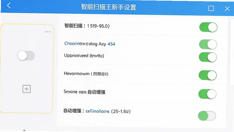 智能扫描王新手设置界面截图,展示权限开关和自动增强选项,主体是设置菜单列表,布局垂直排列,排版清晰,风格简洁,细节包括开关状态,画质高清干净无多余元素