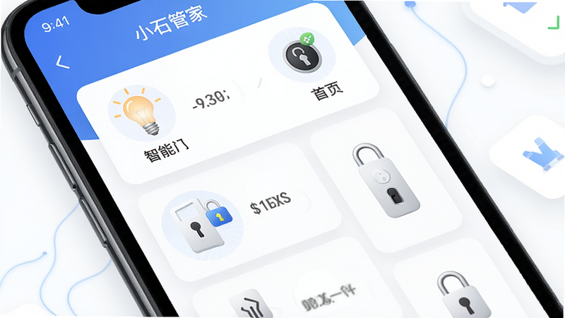 主体为小石管家手机应用界面,布局呈现首页设备列表,排版整齐,风格现代简约科技感,细节展示智能灯泡、门锁图标,画质高清,干净无多余元素,文字显示“小石管家”