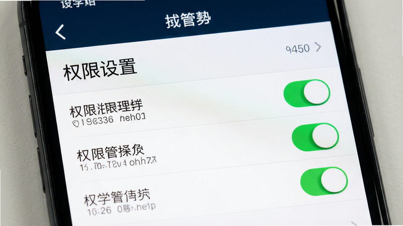 主体为手机设置界面,布局展示权限管理选项,排版列表式,风格系统原生UI,细节展示开关按钮,画质高清,干净无多余元素,文字显示“权限设置”