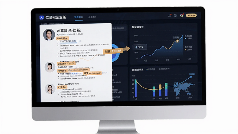 仁易招企业版智能筛选功能演示图,显示AI算法正在分析简历关键词并高亮匹配项,背景为白色,突出数据可视化效果