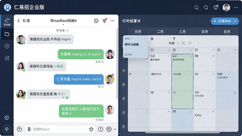 仁易招企业版实时沟通界面截图,展示聊天窗口与日程表结合的设计,强调即时性