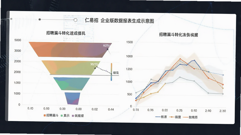 仁易招企业版数据报表生成示意图,包含柱状图和折线图,展示招聘漏斗转化过程