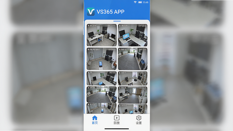 主体为VS365安卓APP的高清主界面截图,布局为典型的移动应用竖屏设计,顶部显示软件Logo与名称,中间区域展示多个监控摄像头的实时画面缩略图,底部为导航栏,包含“首页”、“回放”、“设置”等图标,风格为现代极简科技风,色调以蓝白为主,细节清晰,画质高清,无多余元素,干净利落