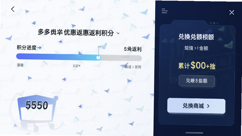 多多省钱优惠返利积分页面,主体为积分进度条和兑换商城入口,布局左右分栏,排版专业,风格科技感强,细节显示累计返利金额,画质高清干净无多余元素