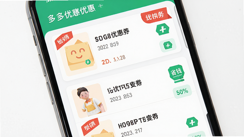 多多省钱优惠应用界面展示,主体为手机屏幕显示优惠券列表,布局清晰,排版简洁,风格现代扁平设计,细节包含红色促销标签和绿色省钱图标,画质高清干净无多余元素