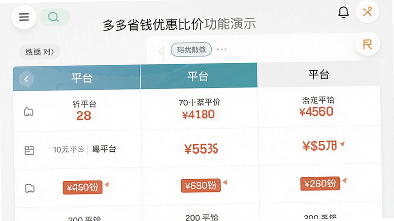 多多省钱优惠比价功能演示,主体为对比表格或列表界面,布局整齐,排版清晰,风格简约实用,细节显示不同平台的价格差异,画质高清干净无多余元素