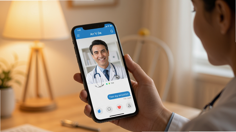 Doctor video consultation on An Yi Da app, smartphone showing live chat with medical professional, clear interface, warm lighting, realistic style