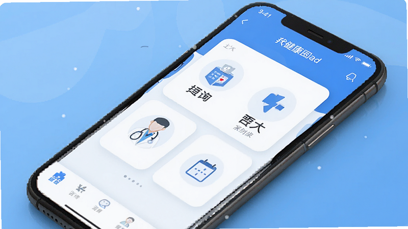 An Yi Da app interface, medical health dashboard on smartphone screen, clean UI design, blue and white color scheme, icons for doctor consultation and medication reminder, modern flat style, high quality, no extra elements