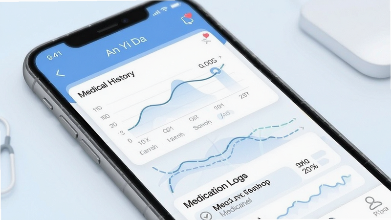 Health record timeline in An Yi Da app, displaying medical history graphs and medication logs, organized layout, soft blue tones
