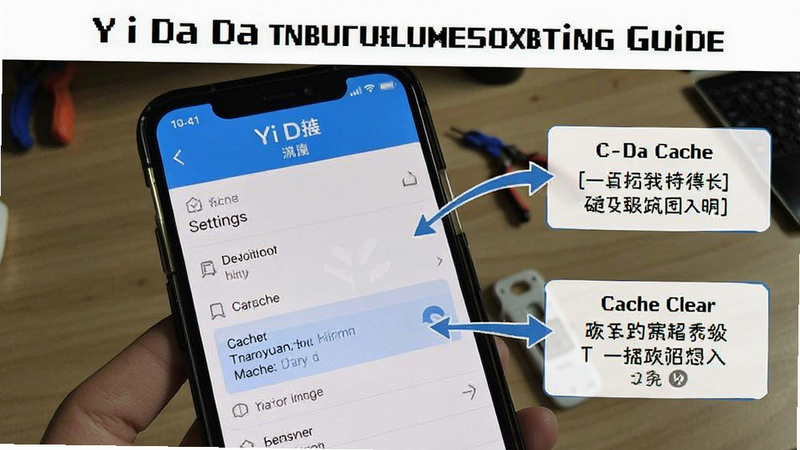 An Yi Da app troubleshooting guide, smartphone screen showing settings menu and cache clear option, instructional diagram style