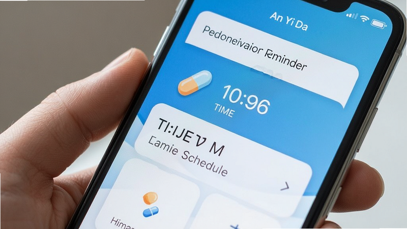 Medication reminder notification on An Yi Da smartphone screen, pill icons and time schedule, simple clean design, focus on usability