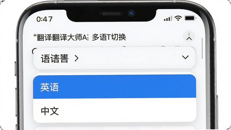 主体:翻译大师APP的多语言切换界面,布局:下拉菜单展示语言列表,排版:清晰易读,风格:简洁实用,细节:选中
