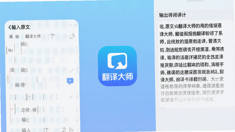 主体:翻译大师APP界面截图,布局:左右分栏,左侧输入原文,右侧输出译文,排版:现代扁平化设计,风格:科技感与简约结合,细节:屏幕中央显示