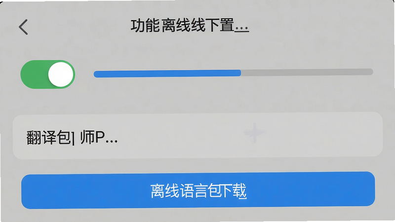 主体:翻译大师APP离线设置界面,布局:开关与进度条,排版:功能列表式,风格:极简主义,细节:显示