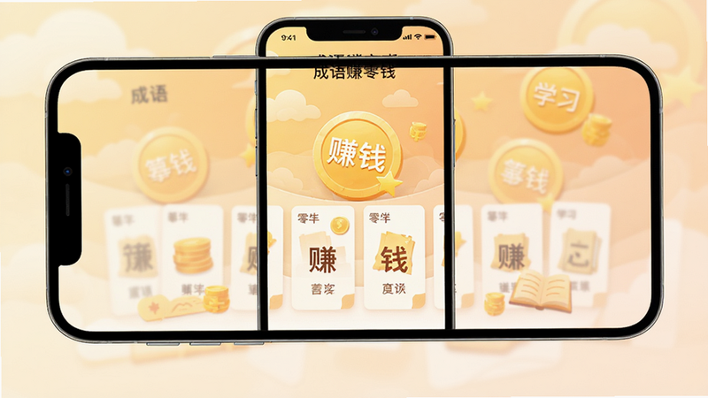 成语赚零钱App界面预览,手机屏幕显示成语答题游戏主菜单,背景为柔和的暖色调,突出“赚钱”和“学习”元素,布局清晰,排版现代,风格扁平化设计,细节包括金币图标和成语卡片,画质高清干净无多余元素