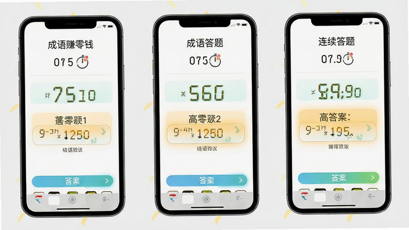 成语赚零钱App无广告模式示意,展示连续答题场景,背景为纯白或浅灰,风格清爽高效,细节包括计时器和高亮答案,画质高清干净无多余元素