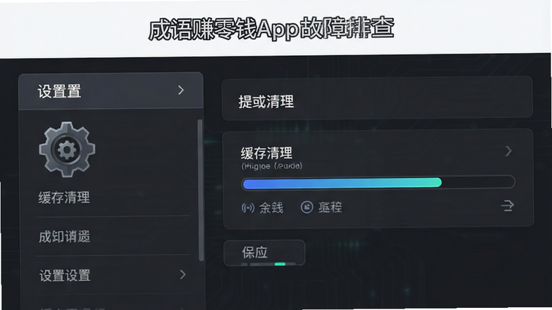 成语赚零钱App故障排查界面示意,展示设置菜单中的缓存清理选项,背景为深灰,风格技术感强,细节包括齿轮图标和进度条,画质高清干净无多余元素