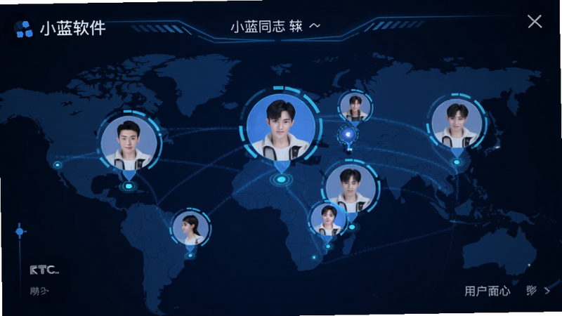 小蓝同志交友软件用户匹配界面,地图背景,用户头像气泡排列,科技感风格