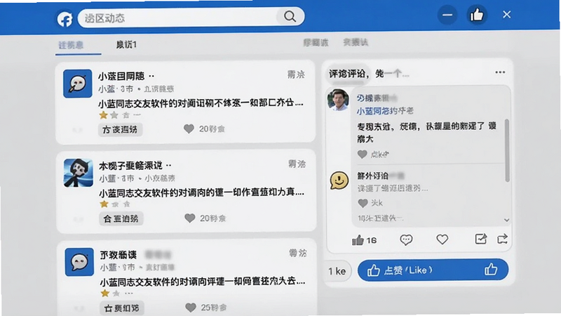 小蓝同志交友软件社区动态页面,包含帖子列表、评论框和点赞按钮,社交网络风格
