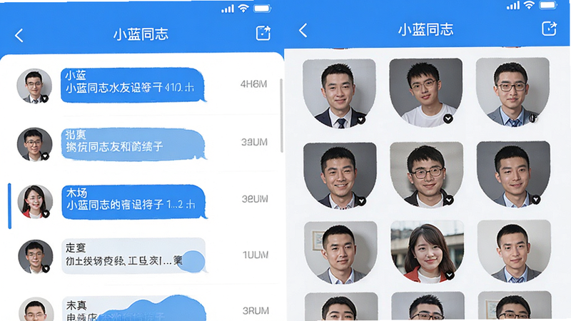 小蓝同志交友软件界面截图,简洁现代UI设计,蓝色调为主,展示聊天列表和用户头像网格,高清分辨率,无多余元素