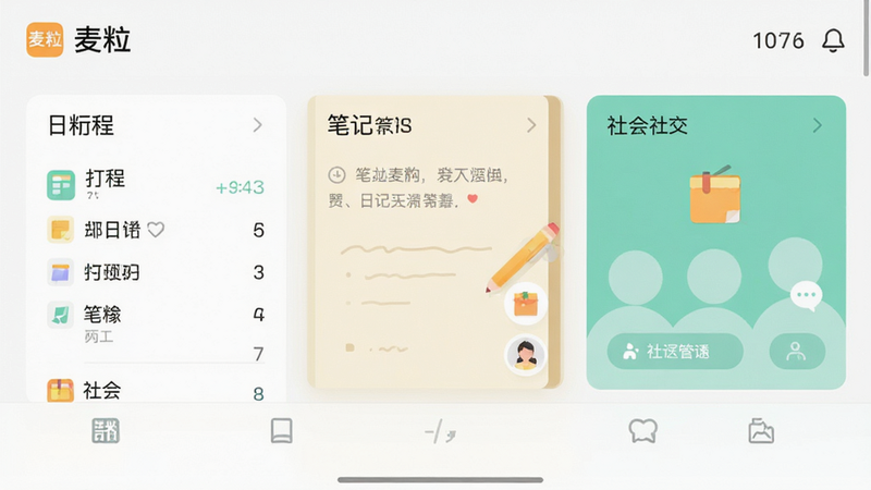 麦粒APP界面截图,显示简洁的仪表盘,包含日程、笔记和社交模块,风格扁平化,配色清新,文字