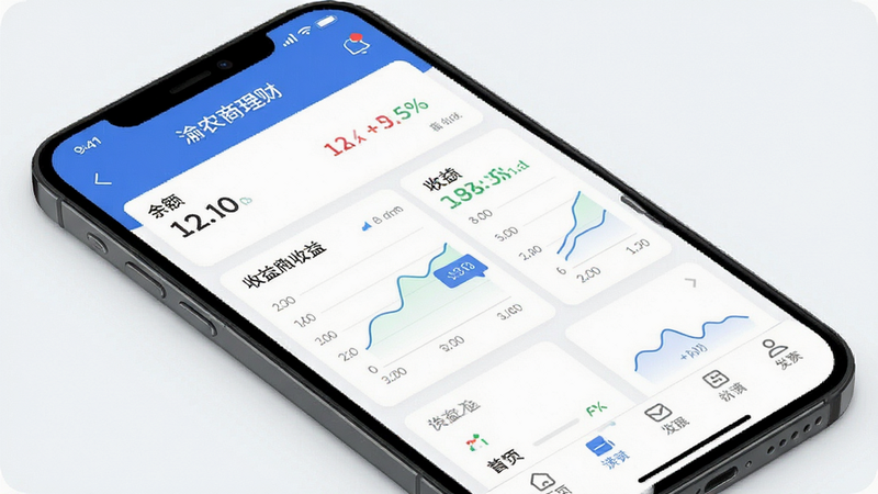 渝农商理财app界面预览,主体为手机屏幕显示理财仪表盘,布局清晰,排版现代简约,风格扁平化设计,细节包含余额、收益图表和导航栏,画质高清干净无多余元素