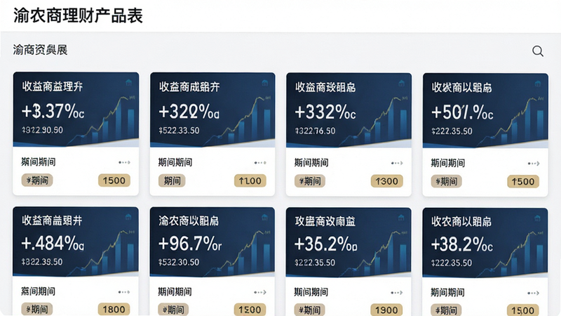 渝农商理财产品列表界面,主体为多个理财卡片排列,布局网格状,排版整齐,风格商务专业,细节显示收益率百分比和期限标签,画质清晰干净无多余元素